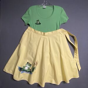 VTG 70s Shirley Gadol Frog Patch Wrap Skirt Small/Medium Retro Costume Shirt Set